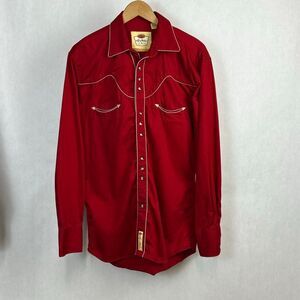 Larry Mahan Cowboy Collection Pearl Snap Western Shirt Red Tan Piping Sz Medium